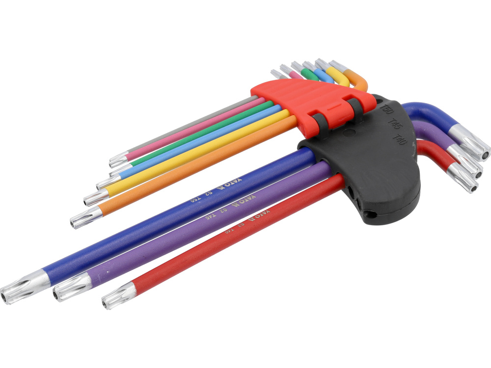 L tipo raktų rinkinys | spalvoti | labai ilgi | T-Star su skylutėm (Torx) T10 - T50 | 9 vnt. (YT-05636)