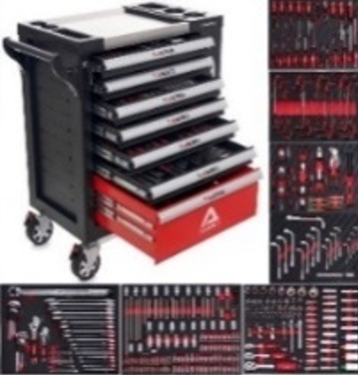 Įrankių spintelė ant ratukų | metalinis starviršis | su įrankiais | 7 stalčiai / 1 durelės | 298 įrankiai (H7002)