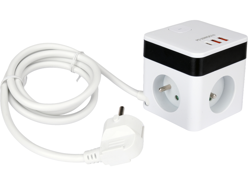 Maitinimo laidas/ilgintuvas su įžeminimu kubo formos | 5 lizdai + USB | 1,0 mm2 | 1.4 m (72480)