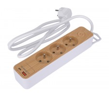 Maitinimo laidas/ilgintuvas su įžeminimu (medžio imitacija) | 3 lizdai + USB | 1,0 mm2 | 1.4 m (72343)