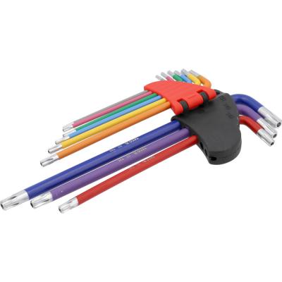 L tipo raktų rinkinys | spalvoti | labai ilgi | T-Star su skylutėm (Torx) T10 - T50 | 9 vnt. (YT-05636)